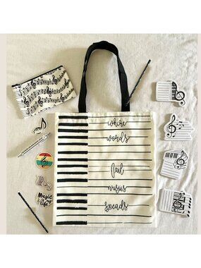 Piano Music Gift Bundle Tote Pouch Stickers Notes Pen Set
